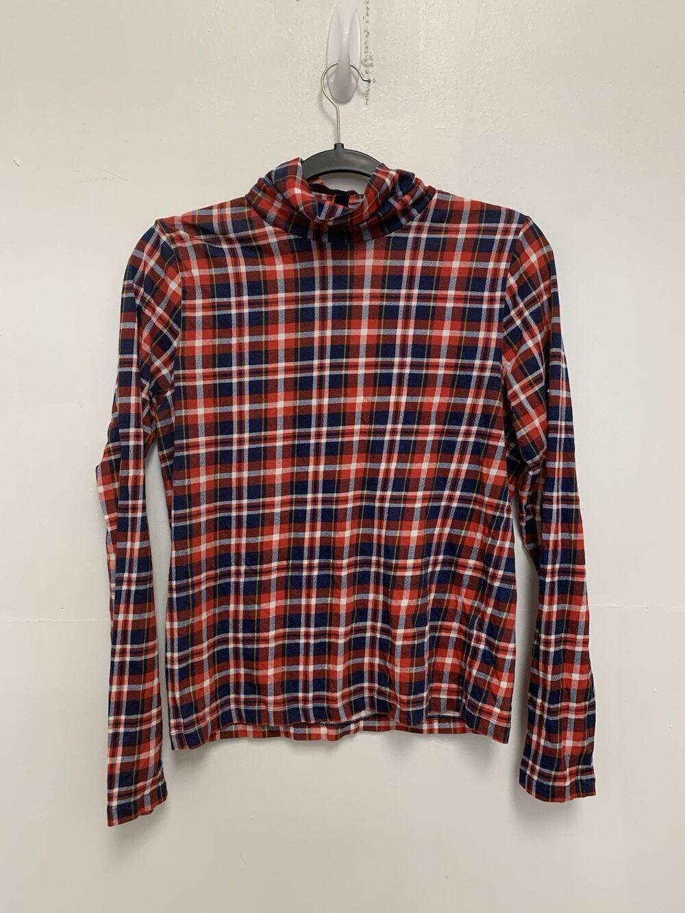 J Crew Womens Plaid Turtleneck Knit Top Red Blue L Preppy Academia Nautical